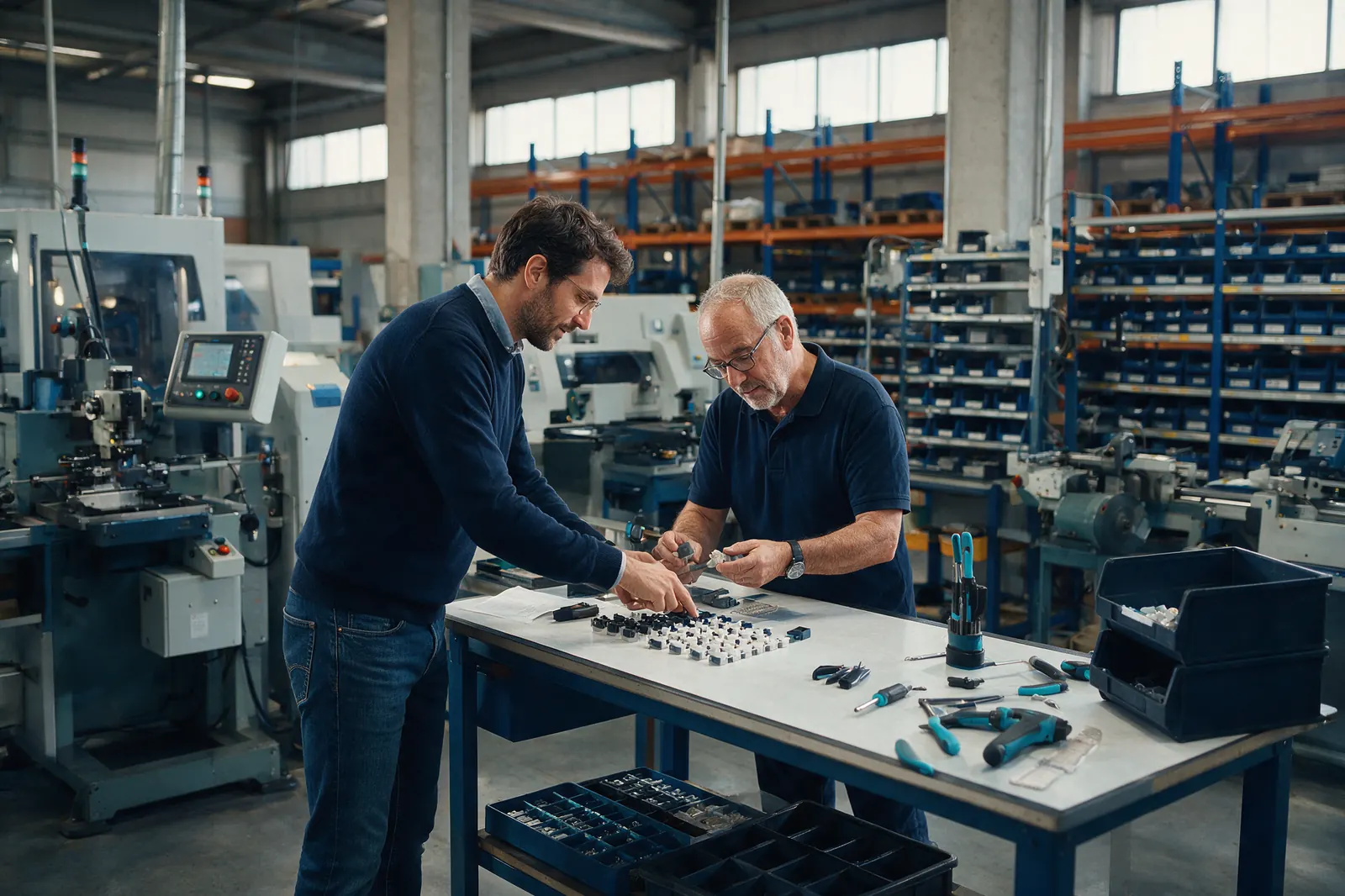 Dos técnicos revisan piezas metálicas sobre un banco de trabajo en un taller de fabricación ligera
